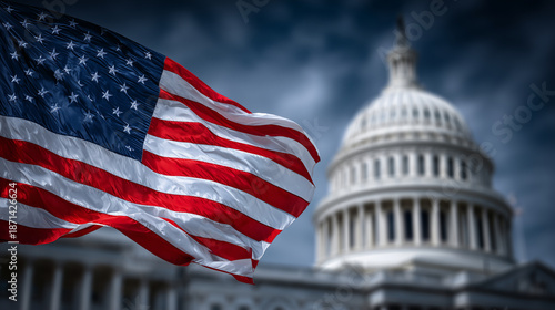 Close-up of the Capitol dome with American flag superimposed in background, dramatic lighting emphasizing white marble and ornate details, democracy and national pride concept