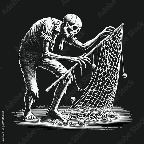 Grim Reapers Catch: A Skeletons Haunting Fishing Net Illustration.