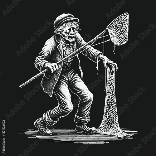 Eerie Zombie Fisherman with Net in Dark Monochrome Illustration.