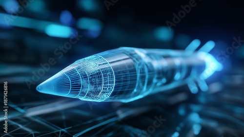 Futuristic digital hologram of a rocket displayed over a high-tech interface, symbolizing advanced space technology and innovation.
