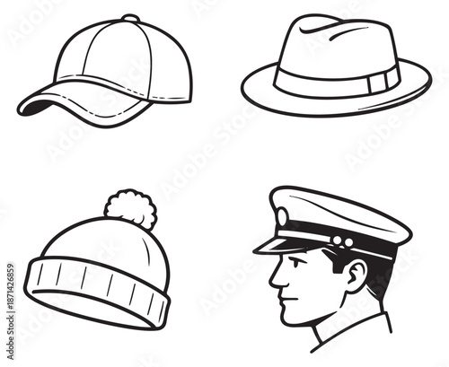 Hand drawn line art hats set featuring a baseball cap, fedora, beanie, and a man in a uniform cap for fashion and apparel concepts