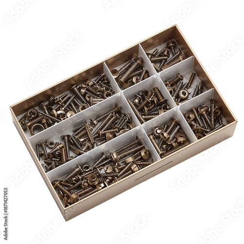 Various Types of Screws and Hardware Organized in a Tray for Easy Access and Use