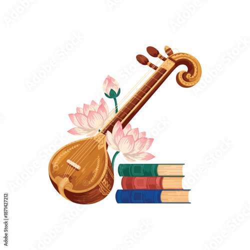 Storybook Veena with Lotus and Books Icon