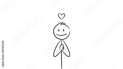 Happy Man Standing with Hands Clasped and a Heart Above, isolated white background