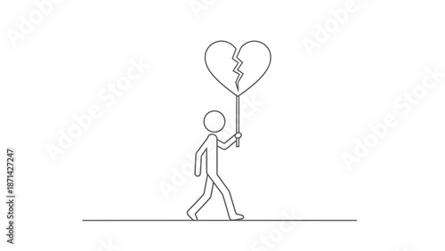Sad Man Walking with a Broken Heart Balloon, isolated white background