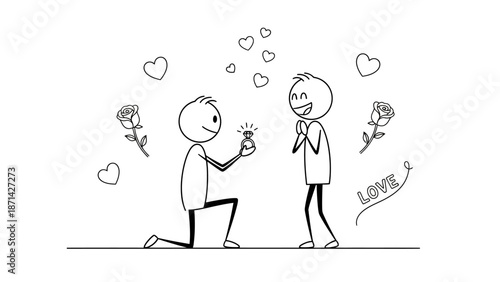Romantic Man Proposing to a Woman with a Ring and Rose, isolated white background