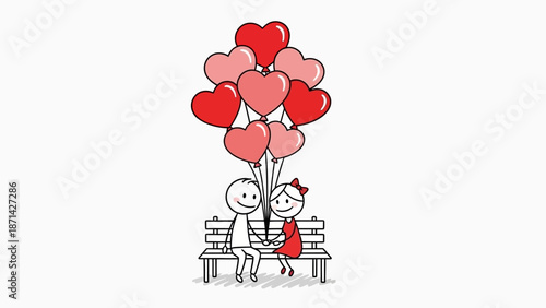 Romantic Couple Sitting on Bench Embracing with Red Heart Balloons, isolated white background