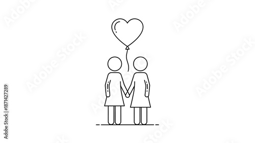 Happy Couple Holding Hands with a Heart Balloon, isolated white background