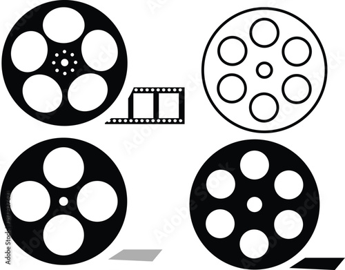 Film reel icon set. Black movie reel icon in vintage style. Old retro reel with film strip collection. Vector illustration