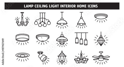 Line art interior light fixtures set featuring chandeliers, pendant lamps, and ceiling fans for home illumination
