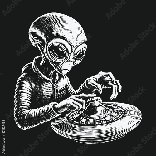Alien DJ Mixing Music on a UFO Turntable.