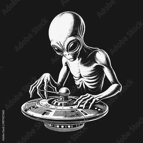 Alien DJ Mixing Music on a Flying Saucer Turntable.