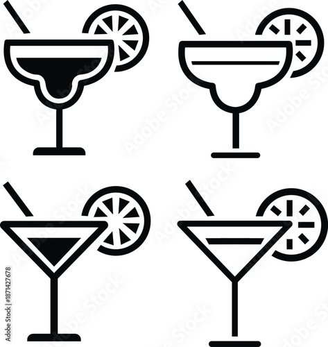 Drinks glass vector icon set. Margarita cocktail icon collection. Cocktail margarita glass with lime slice. Line and flat icon. Bar symbol