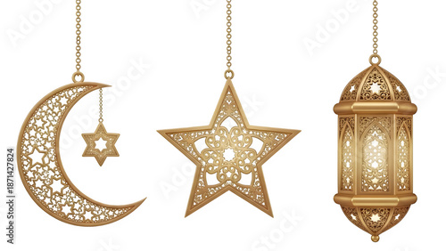Set of three golden ornate islamic decorations crescent moon, star, and lantern isolated on transparent background
