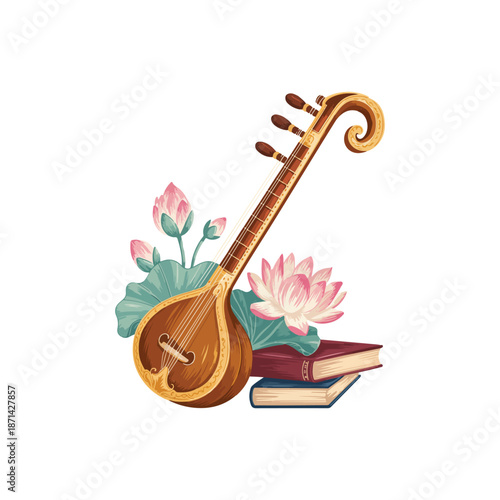 Cultural Celebration Veena Hand-Painted Vector Icon