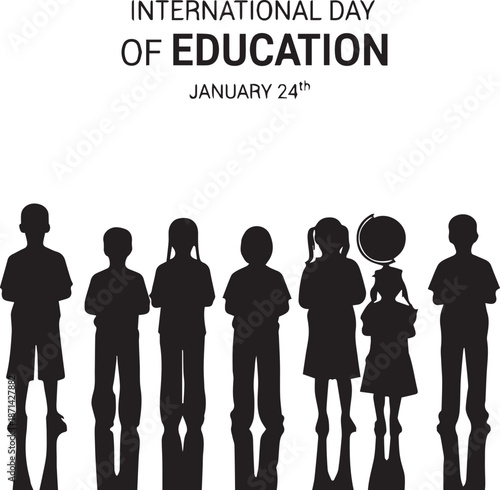 International Day of Education Banner with Silhouettes of Diverse Children Holding Books and Globe