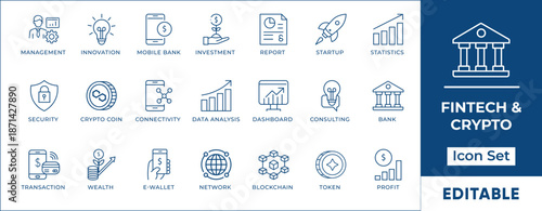 Fintech Line Icon Set - Cryptocurrency and Digital Banking Vector Symbols.