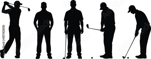 Black silhouette of male golfers set including full swing, standing with hands in pockets, holding club, addressing ball, and putting.