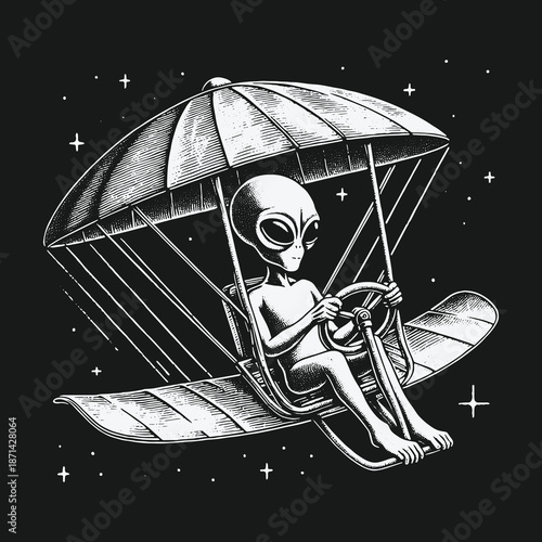 Alien Pilot Navigating the Cosmos in a Unique Aircraft.