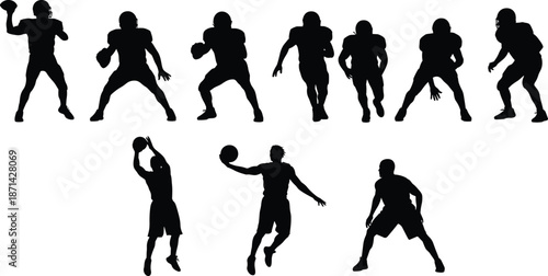 Collection of black vector silhouettes featuring American football players and basketball athletes in action, isolated on white background for design.