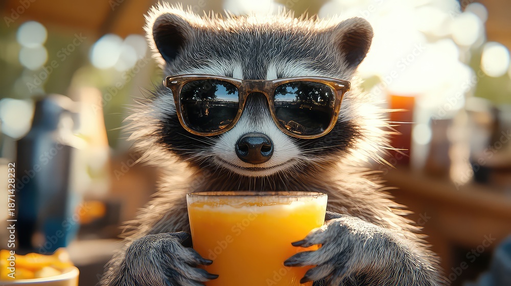 Naklejka premium Racoon in sunglasses with cocktail