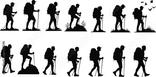 Collection of black vector silhouettes featuring hikers with backpacks and trekking poles walking, isolated on white background for adventure design.