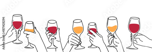 Hand holding drink. Banner with glasses in hands. Hand drawn different arm gestures hold glass, wineglasses, drinks, cocktails. Doodle line vector elements for cafe