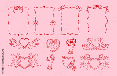 Valentines Day romantic elements. Hand drawn vintage red coquette frame with bow, cupids, birds, heart. Elegant love ribbon border for poster. Vector set