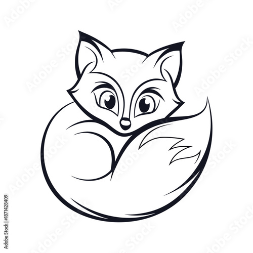 Clean vector silhouette of a fox resting, curled up with its tail