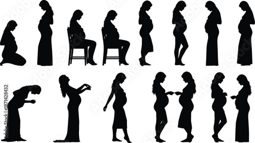 Collection of black vector silhouettes featuring pregnant women in various poses, isolated on white background for maternity concept design projects.