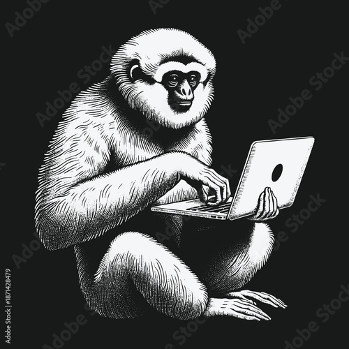 White Gibbon Focused on Laptop Screen Engaged in Digital World.
