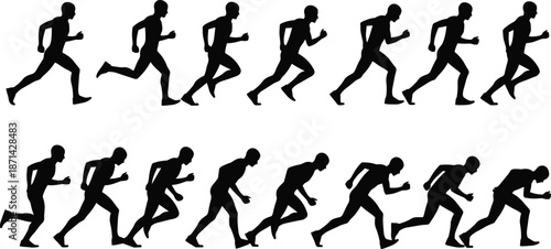 Collection of black vector silhouettes showing running man in motion sequence, isolated on white background for sport design projects.