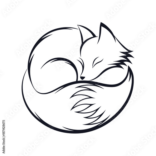 Vector silhouette of a fox in a resting pose, curled with a full tail