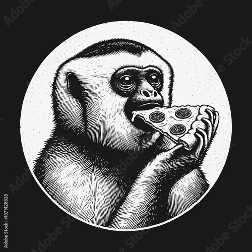 Monkey enjoying a slice of pepperoni pizza in monochrome.