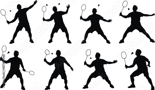 Set of black vector silhouettes showing male badminton athletes playing with racquet and shuttlecock, isolated on white background for design.