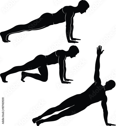Set of vector silhouettes showing man doing push-ups, side planks, and mountain climbers for home workout and fitness routine.