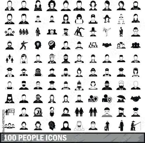 100 people icons set in simple style