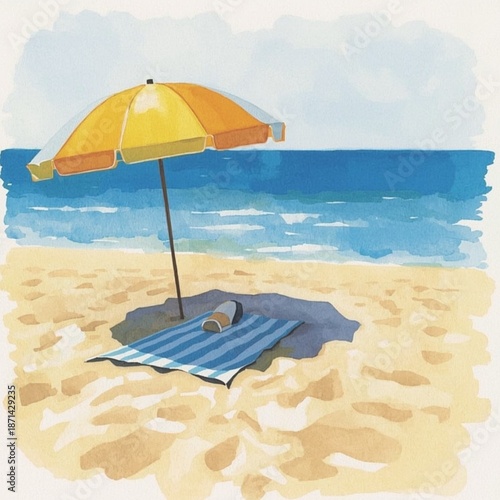 beach with umbrella and chairs