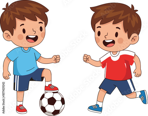 Two happy cartoon boys playing soccer with a ball, cute kids in sports uniforms running and exercising, childhood active lifestyle.