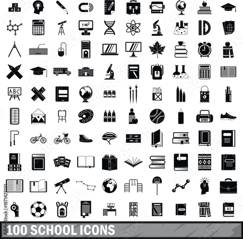 100 school icons set in simple style