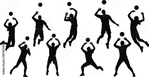 Vector silhouette collection of volleyball players jumping, spiking, and blocking ball for sport competition and team game design illustration.