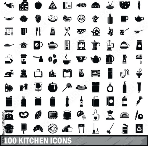 100 kitchen icons set in simple style