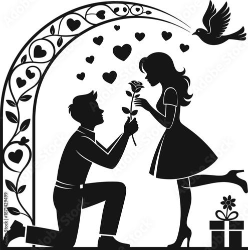 Proposal silhouette with rose and hearts, arch and gift design, romantic love scene, Valentine's day courtship graphic