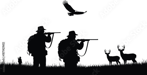 Vector silhouette of two hunters with rifles aiming at deer bucks, flying eagle, outdoor hunting season sport illustration, nature background.