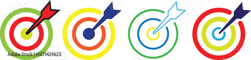 Business Goal Target Achievement Concept with Colorful Arrow and Bullseye Icons Representing Success Strategy, Focus, Growth, Marketing Objectives and Performance Results