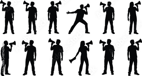 Vector silhouette set of men and women holding megaphones, shouting loud announcements, protesting with bullhorn speaker equipment, communication concept.