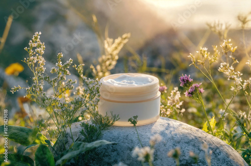 Eco friendly glass cream jar with wild flowers background