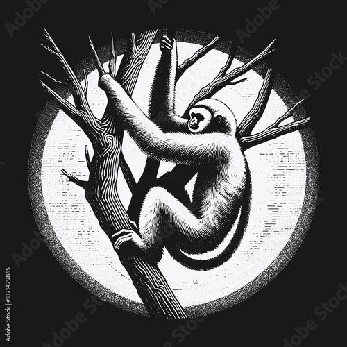 Gibbon in Tree: A Striking Black and White Illustration.