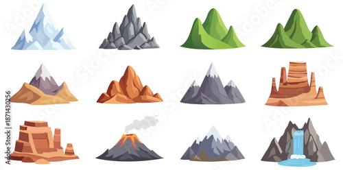 Diverse Mountain Peaks: An illustrated assortment of various mountain peaks, displaying a range of shapes, sizes, and terrains.