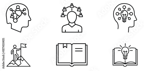 Set of Icons Depicting Idea and Strategy: A series of graphic icons that depict concepts such as collaboration, networking, ideas and knowledge.